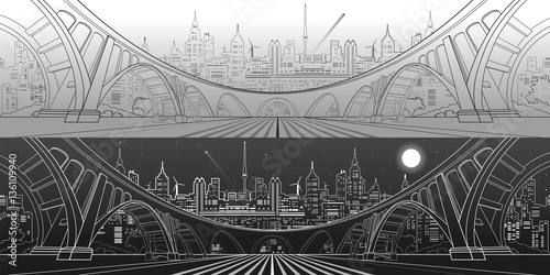 Big bridge, amazing panorama city, day and night town. Architecture and infrastructure illustration. Lines landscape, vector design art