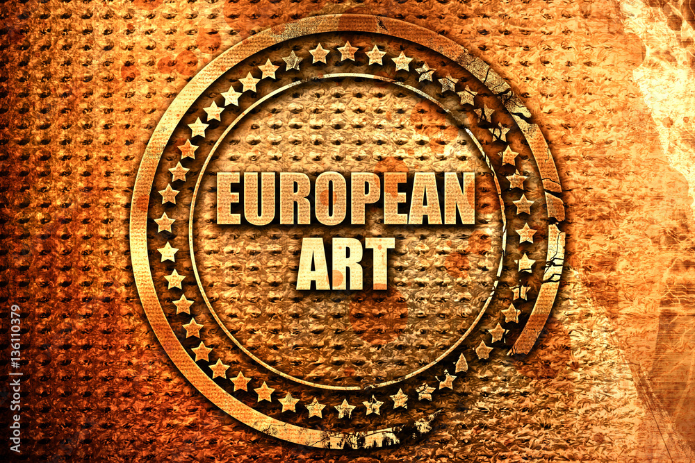 european art, 3D rendering, text on metal