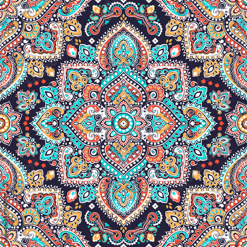 Fototapeta Naklejka Na Ścianę i Meble -  Bohemian Indian Mandala towel print. Vintage Henna tattoo style