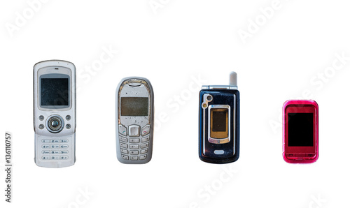 Group of vintage mobile phone isolated on white background