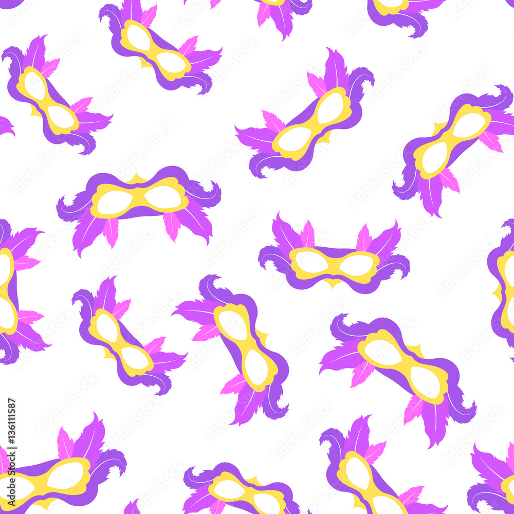 Seamless pattern mardi gras mask with color feather. Icon colorful props for carnival or theater. Seamless pattern mardi gras mask with color feather. Icon colorful props for carnival or theater.