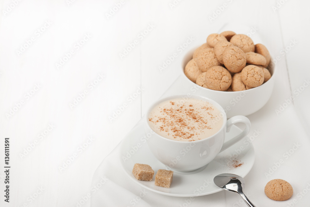 Amaretti Biscuits. Cup Of Cappuccino Coffee. Lump Demerara Sugar Amaretti Biscuits. Cup Of Cappuccino Coffee. Lump Demerara Sugar