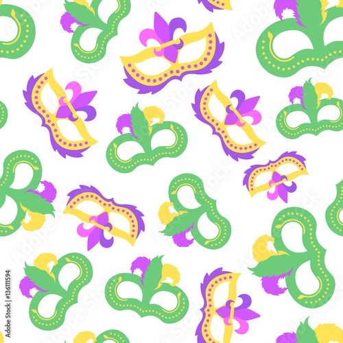 Seamless pattern mardi gras mask with color feather. Background colorful props for carnival or theater.