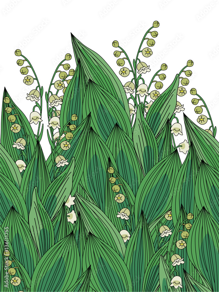 Seamless floral border. The leaves and flowers of lily of the valley on ...