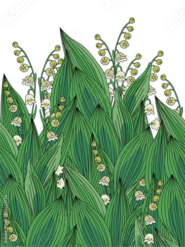 Seamless floral border. The leaves and flowers of lily of the valley on a white background for wallpaper design, textiles, posters and invitations