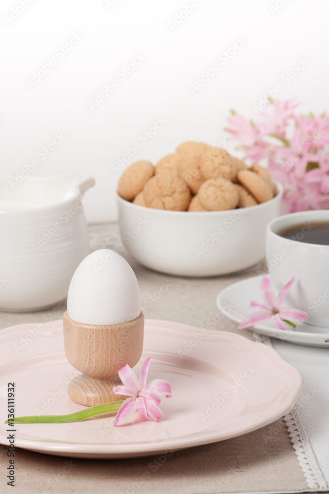 Hyacinth Flowers. Amaretti Biscuits. Boiled Egg. Cup Of Tea Hyacinth Flowers. Amaretti Biscuits. Boiled Egg. Cup Of Tea
