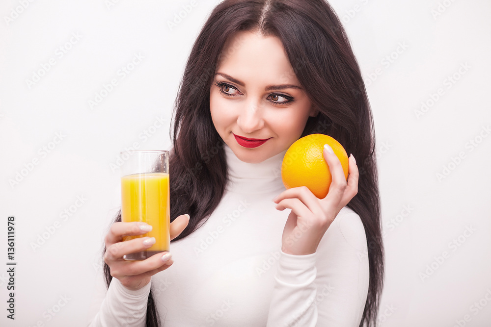 Diet. Healthy Eating. Young woman drinking fresh orange juice. Concept Care figure Diet. Healthy Eating. Young woman drinking fresh orange juice. Concept Care figure