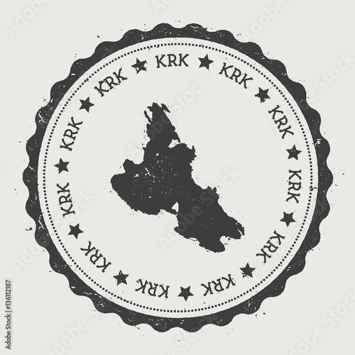 Krk sticker. Hipster round rubber stamp with island map. Vintage passport sign with circular text and stars, vector illustration.
