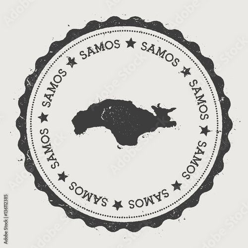 Samos sticker. Hipster round rubber stamp with island map. Vintage passport sign with circular text and stars, vector illustration.