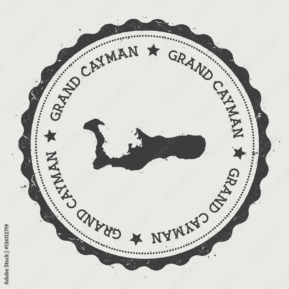 Grand Cayman sticker. Hipster round rubber stamp with island map