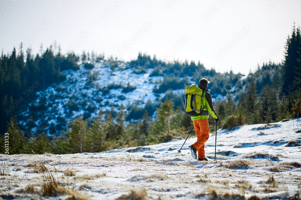 hiker with backpack on the trail in the Carpathians mountains at winter