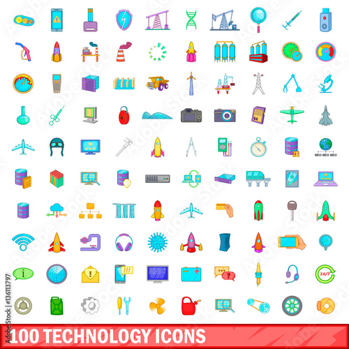 100 technology icons set, cartoon style