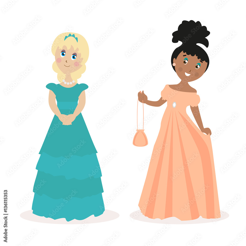 Two girls in evening dresses. Female outfit for a holiday or outlet. Flat character isolated on white background. Vector, illustration EPS10. Two girls in evening dresses. Female outfit for a holiday or outlet. Flat character isolated on white background. Vector, illustration EPS10.
