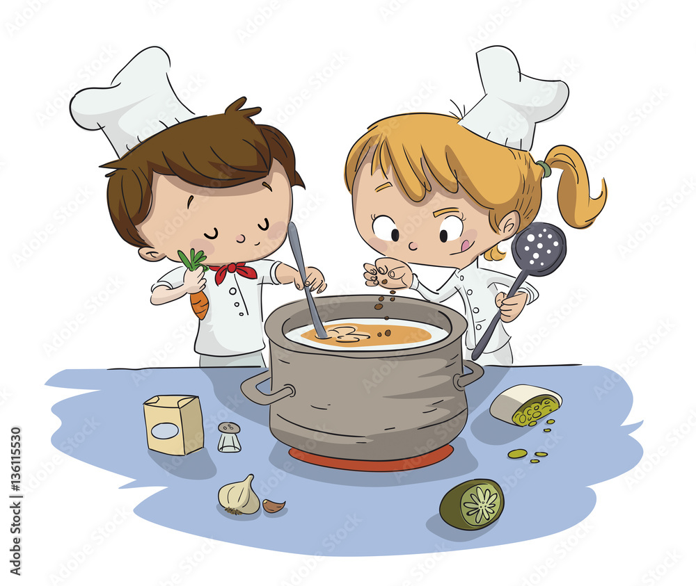Niños cocinando. Niño y niña en la cocina Stock Vector