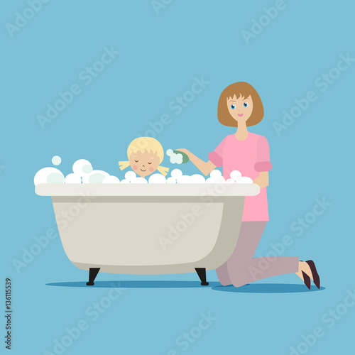 Mother washes her daughter in the bath with foam. Bathroom. Flat character isolated on blue background. Vector  illustration EPS10.