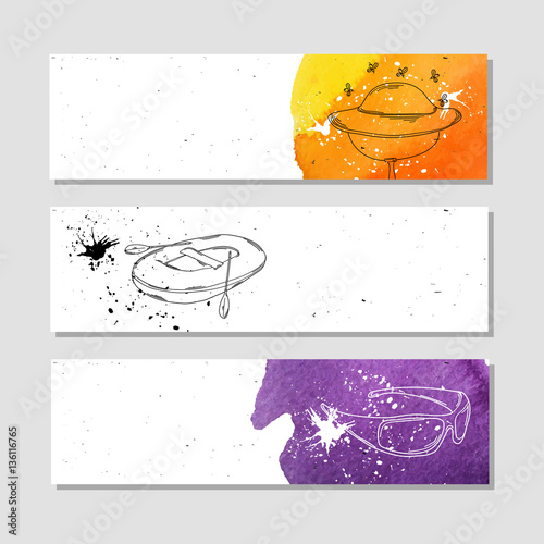 Fishing and beekeeping. Set of white paper banner templates horizontal business banner. Banner corporate identity, website, banner design. Hand drawn layout background. Vector