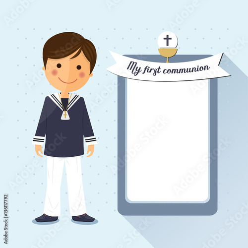 First communion child square card on blue background