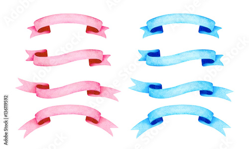 Pink and blue ribbons. Birthday celebration. Kids invitation. Watercolor illustration