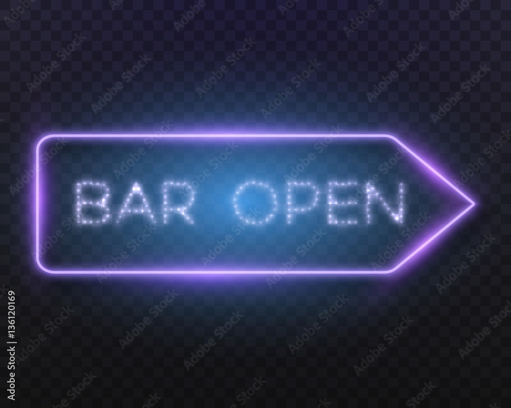 Illustration of Realistic Neon Frame. Bar Open Neon Sign. Vintage Glowing Vector Neon Frame