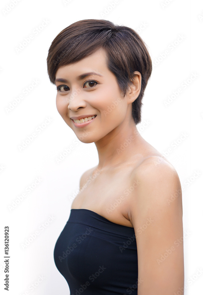 Attractive woman smiling and wearing black tube top isolated on white background Attractive woman smiling and wearing black tube top isolated on white background