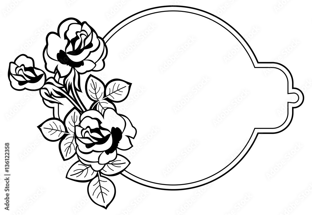 Black and white round frame with stylized roses silhouettes. Vector clip art.