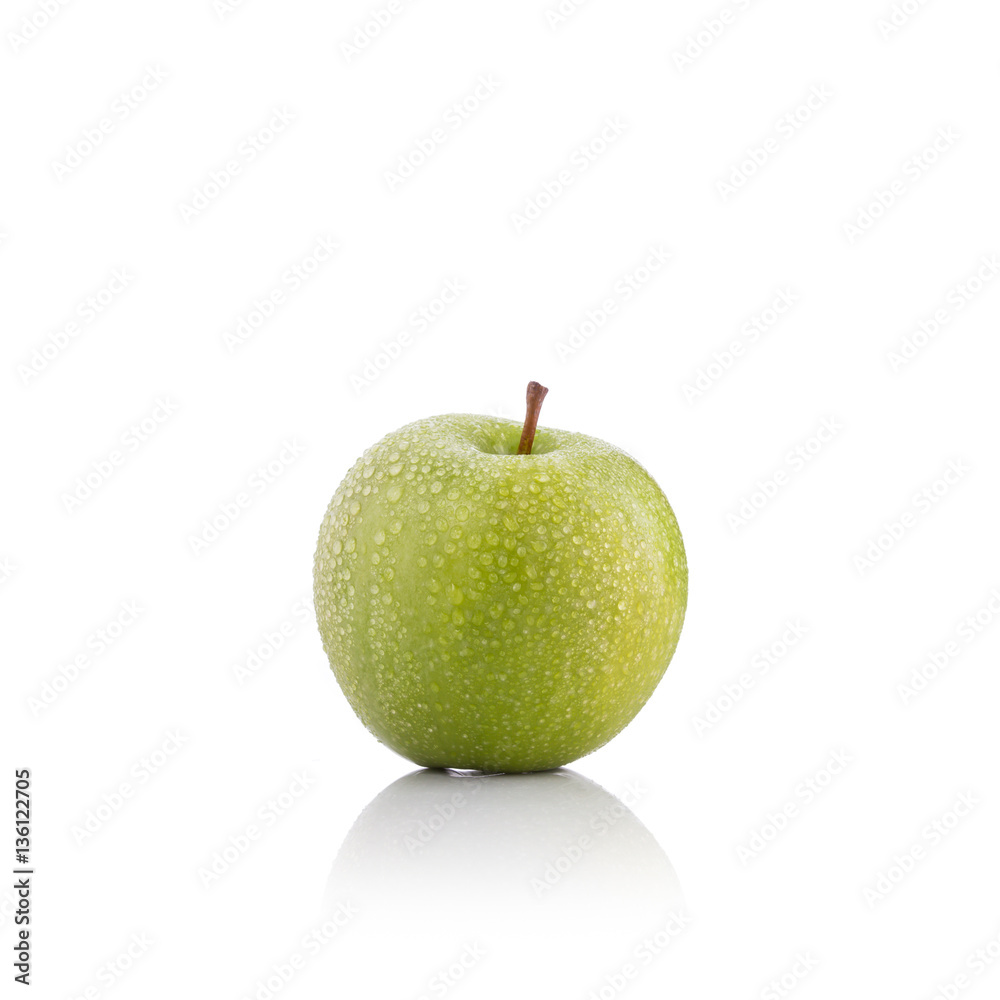 Green apple with water drop. Studio shot isolated on white Green apple with water drop. Studio shot isolated on white