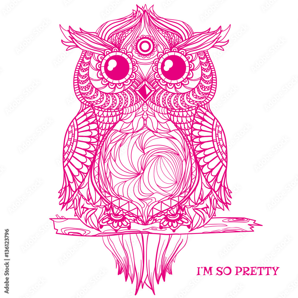 Owl. Design Zentangle. Detailed hand drawn vintage owl with abstract  patterns on isolation background. Zen art. Owl sits on tree branch. Graphic  design. Stock Vector | Adobe Stock