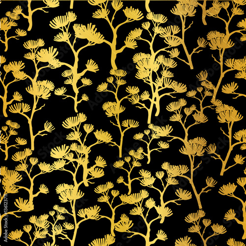 Vector Golden Black Asian Trees Seamless Pattern Background. Great for tropic...