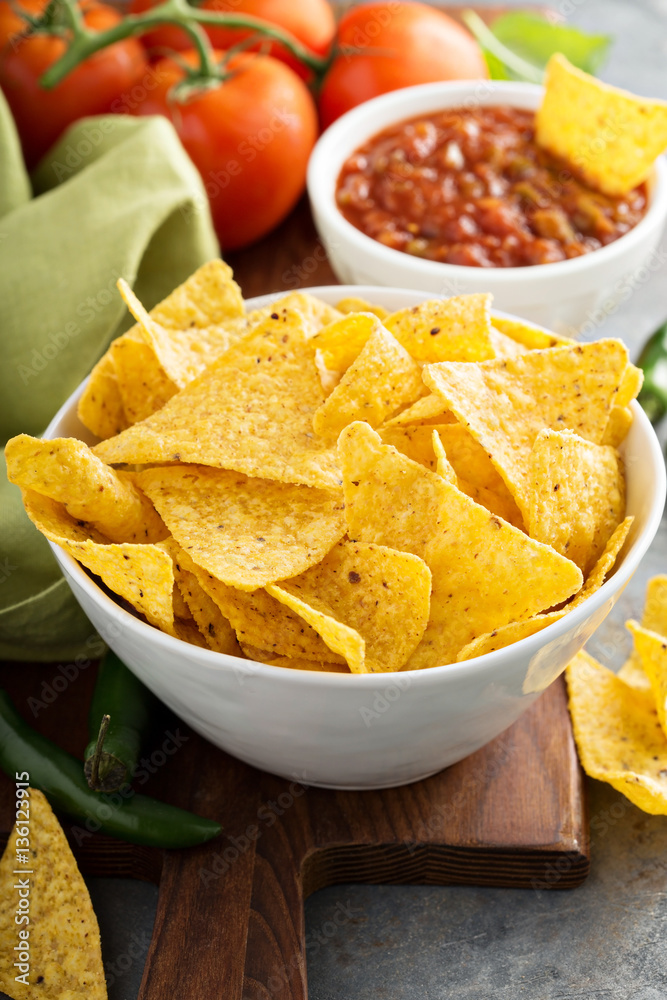 Corn tortilla chips in big bowl Corn tortilla chips in big bowl