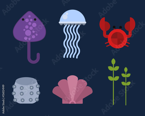 Sea animals marine life character vector illustration.