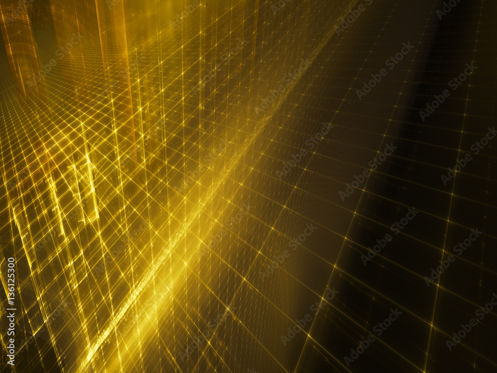 Fototapeta premium Abstract background element. Three-dimensional composition of glowing grids and wave shapes. Science and technology concept. Golden yellow and black colors.