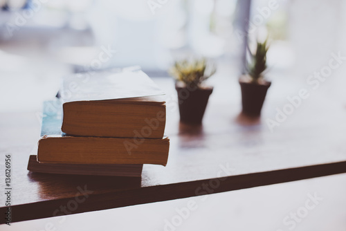 Cactus flower with book on wood table modern interior background