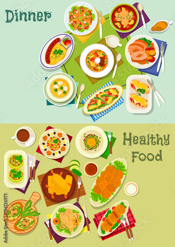 Dinner dishes icon set with salad, snack and soup