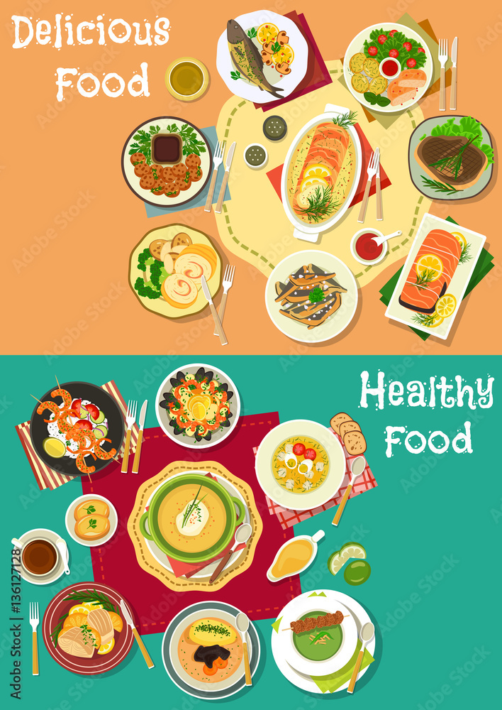 Dinner icon set with meat, seafood and soup dishes Dinner icon set with meat, seafood and soup dishes