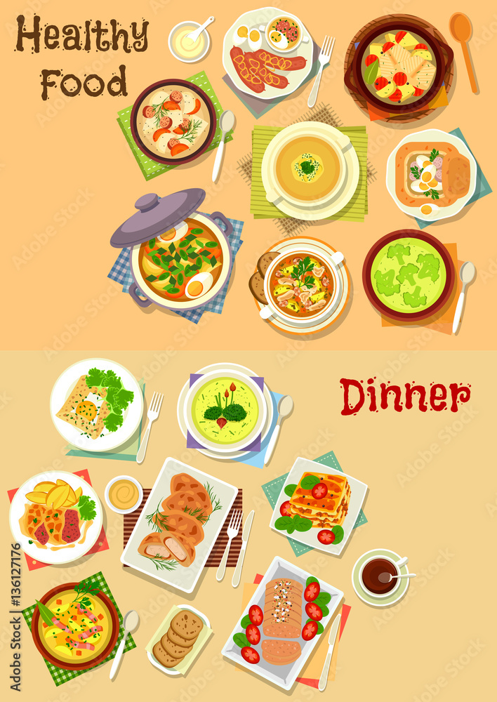 Healthy food for lunch and dinner icon set Healthy food for lunch and dinner icon set