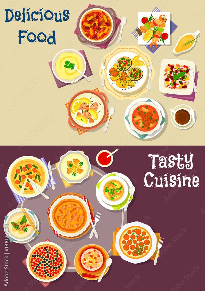 Salad, soup and pastry dishes icon set design
