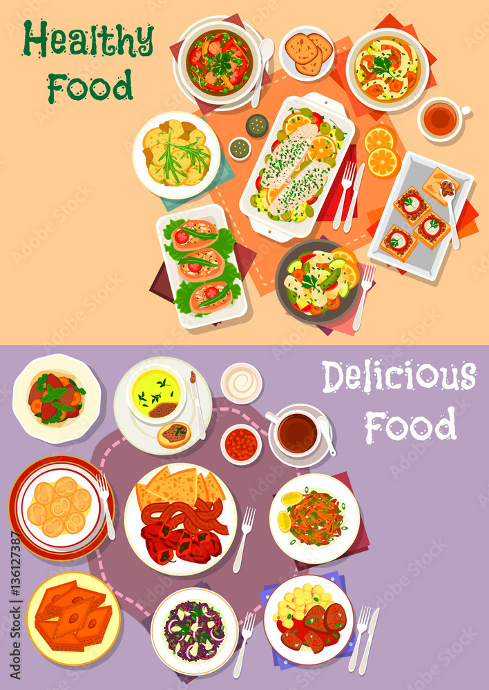 Meat, seafood and mushroom dishes icon set