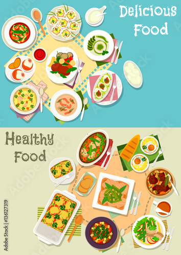 Italian and french cuisine dishes icon set