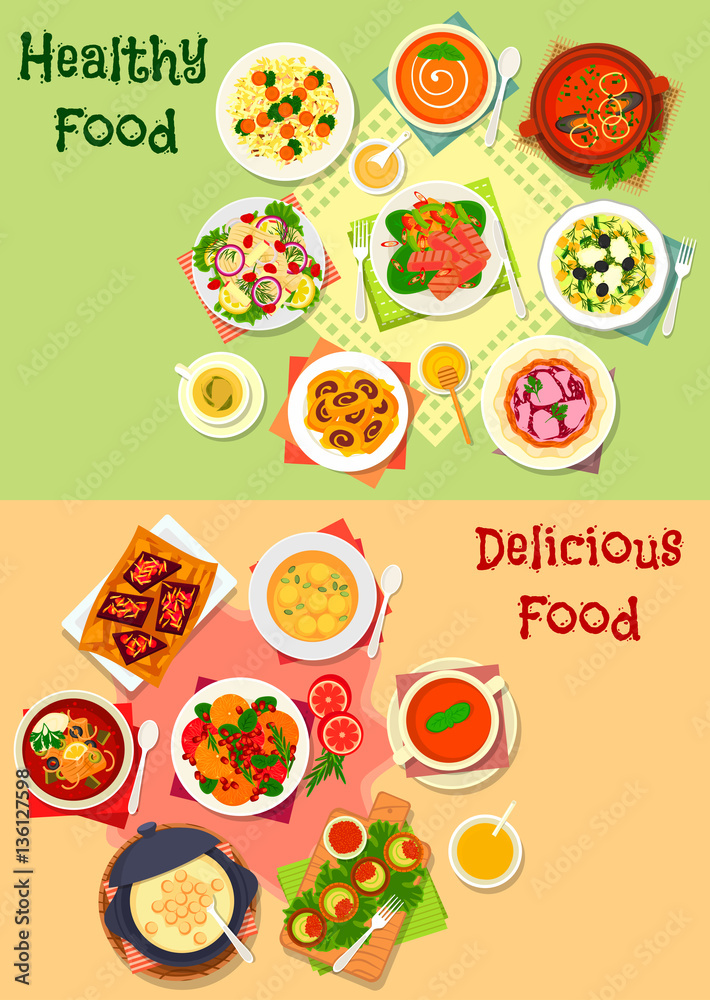 Dinner dishes with healthy dessert icon set