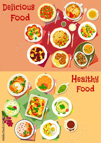 Lunch with fruit dessert icon set for menu design