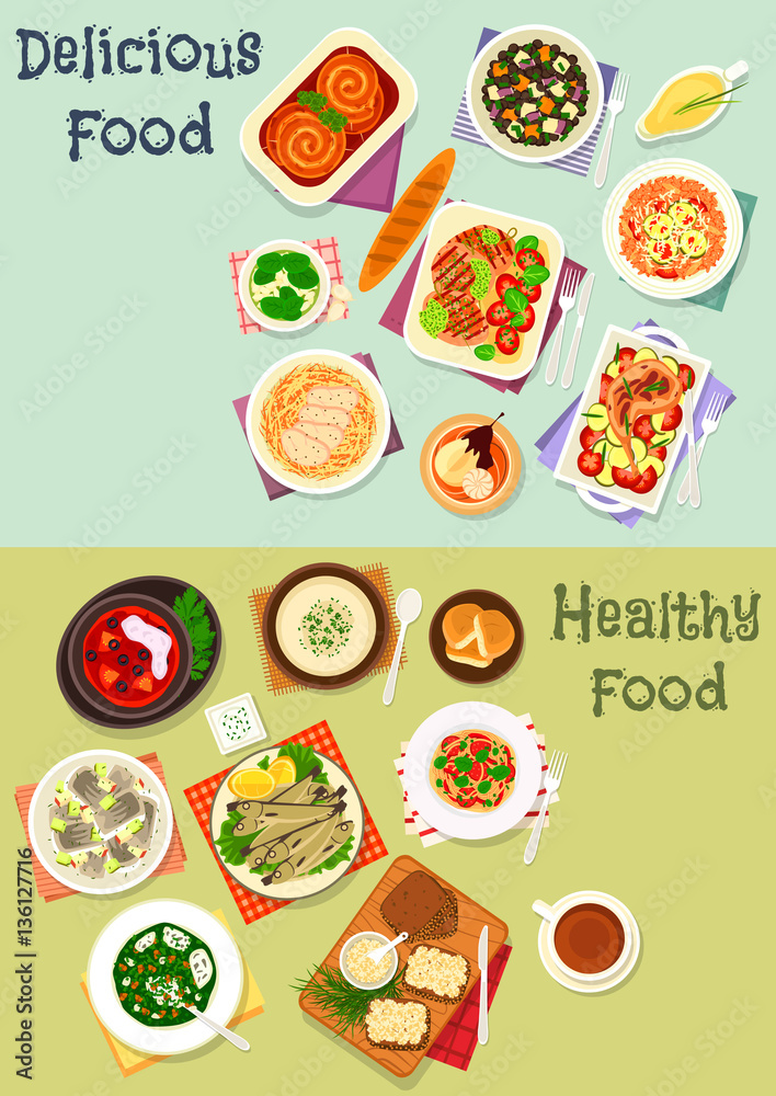 Tasty dinner icon set with fish, meat and pasta Tasty dinner icon set with fish, meat and pasta