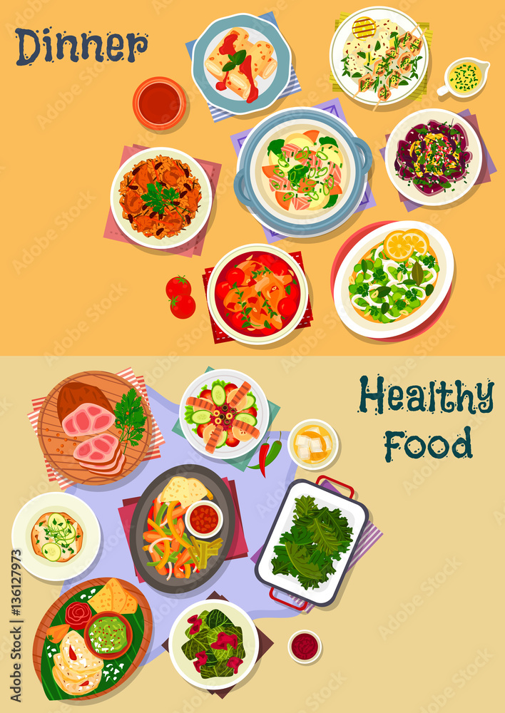 Tasty lunch icon set with meat and sefood dishes
