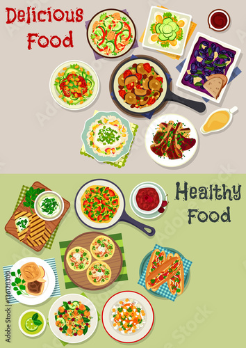 Tasty lunch icon set with salads and fruit dessert