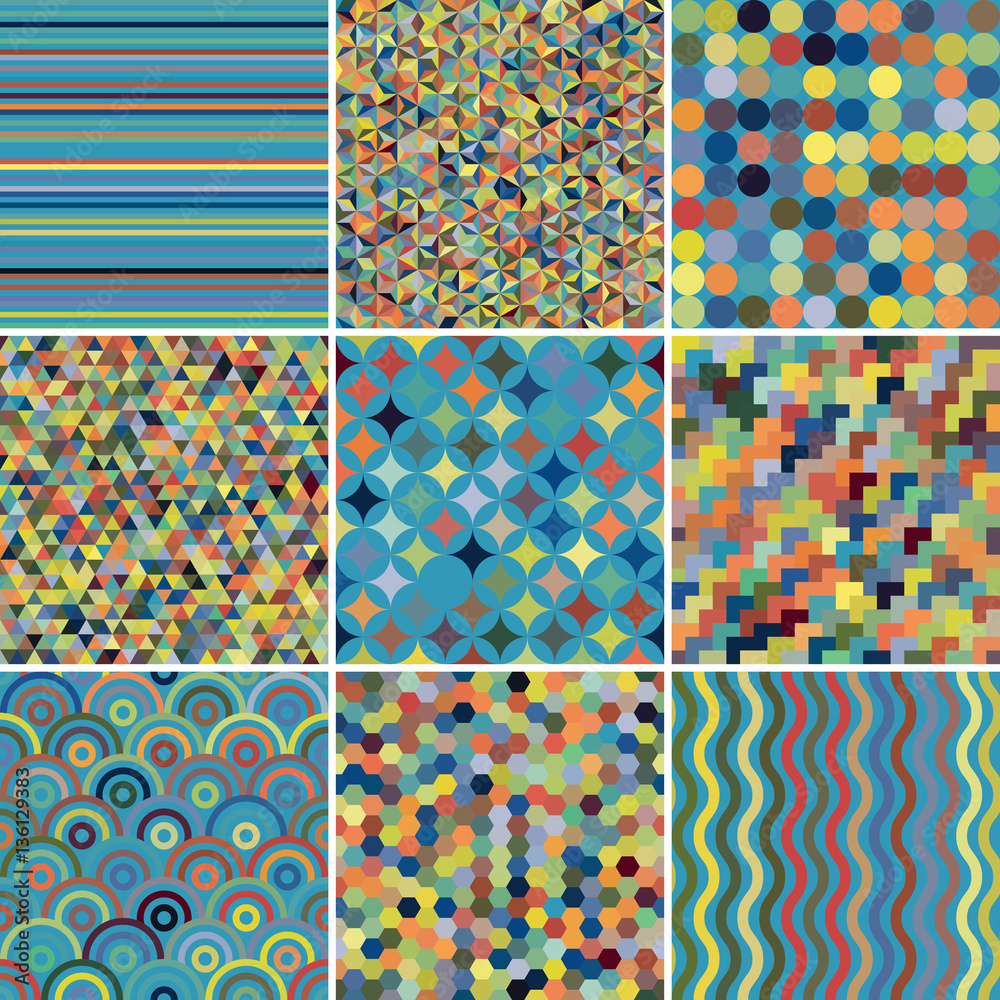 Set with blue nine seamless abstract geometric pattern, vector illustration Set with blue nine seamless abstract geometric pattern, vector illustration