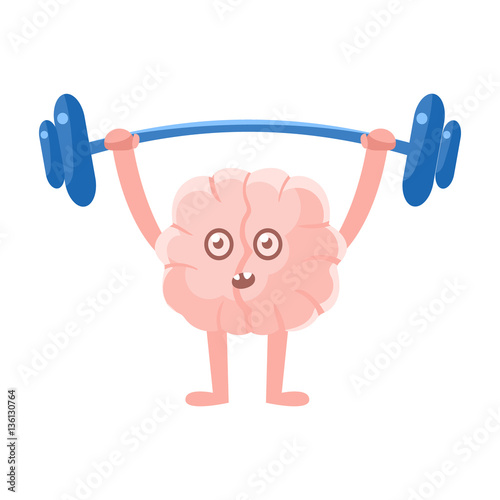 Humanized Brain Doing Heavy Weight Lifting Exercise In Gym , Intellect Human Organ Cartoon Character Emoji Icon