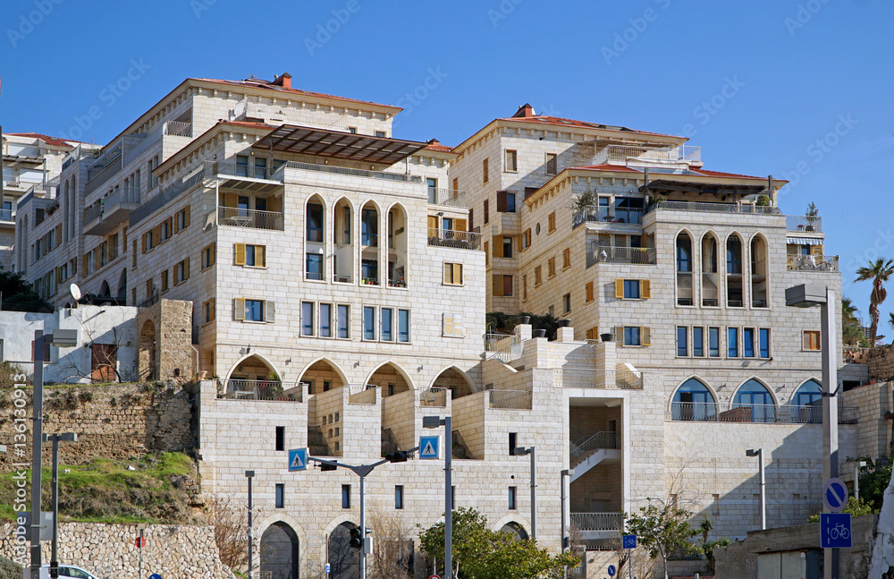 Modern apartment buildings in old port of Jaffa, emulating old middle eastern architecture