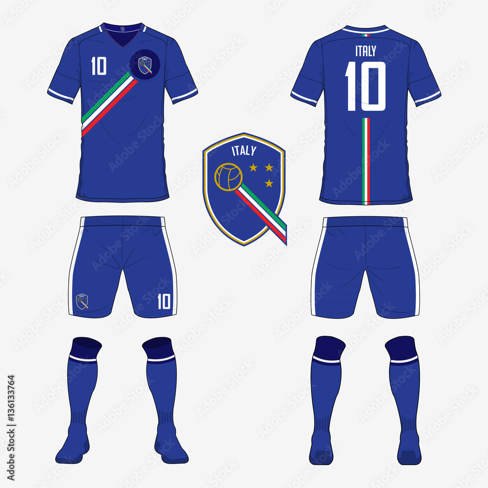 Set of soccer jersey or football kit template for Italy national football  team. Front and back view soccer uniform. Sport shirt mock up. Vector  Illustration Stock Vector | Adobe Stock