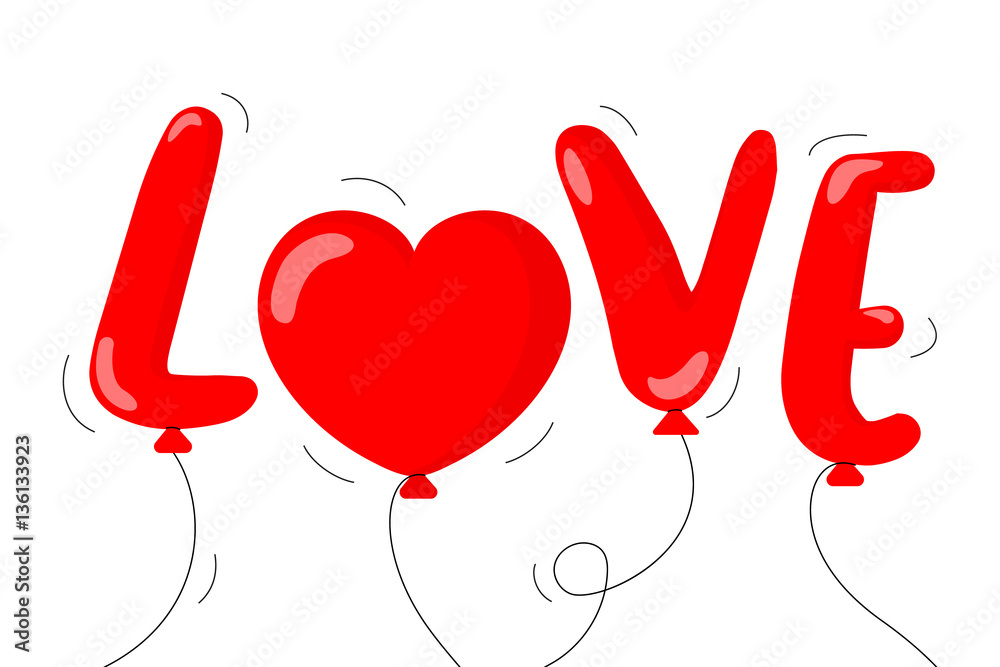 red alphabet balloons of love. Happy valentine's day. Illustration isolated on white background.