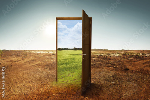 Open wooden door to the new world with green environment photo
