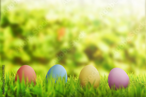 Row of easter eggs on green grass